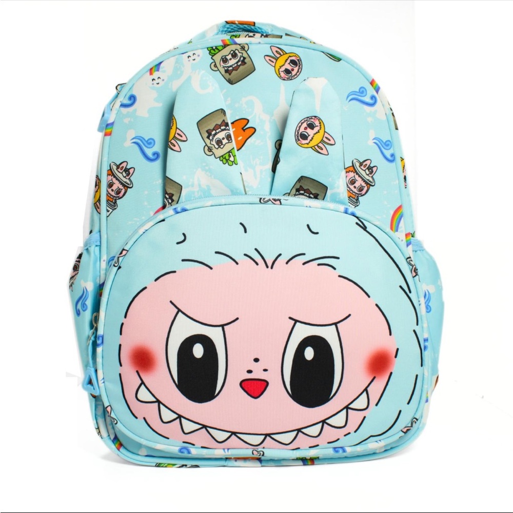 Playful Light Blue Kids Backpack with Pink Cartoon Face